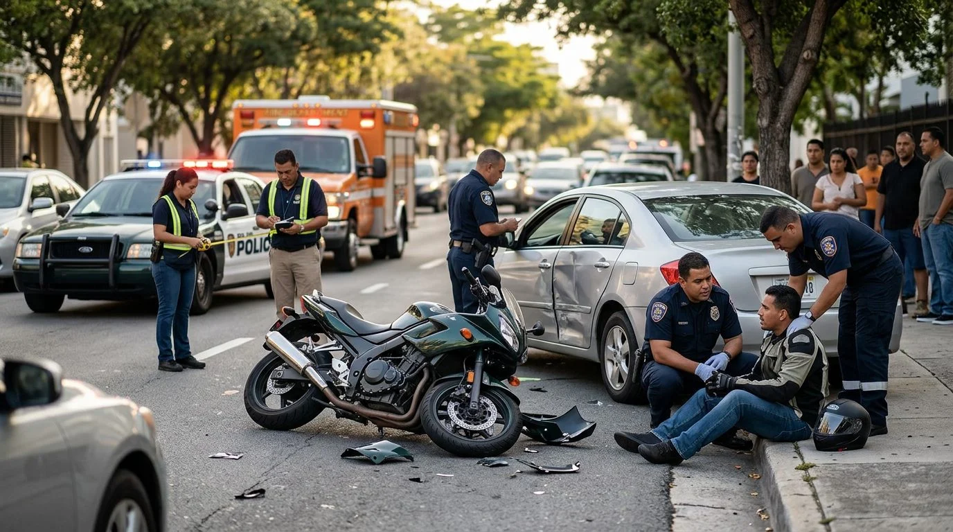 Escena de accidente de tráfico en calle urbana con vehículos dañados y personal de emergencia investigando.