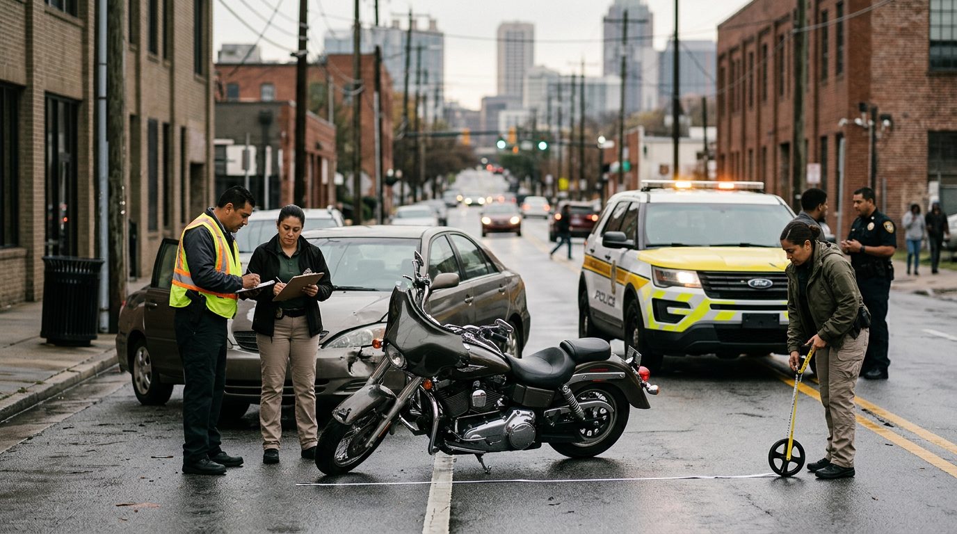 Escena de accidente de tráfico en calle urbana con vehículos dañados, ambulancias e investigadores documentando.