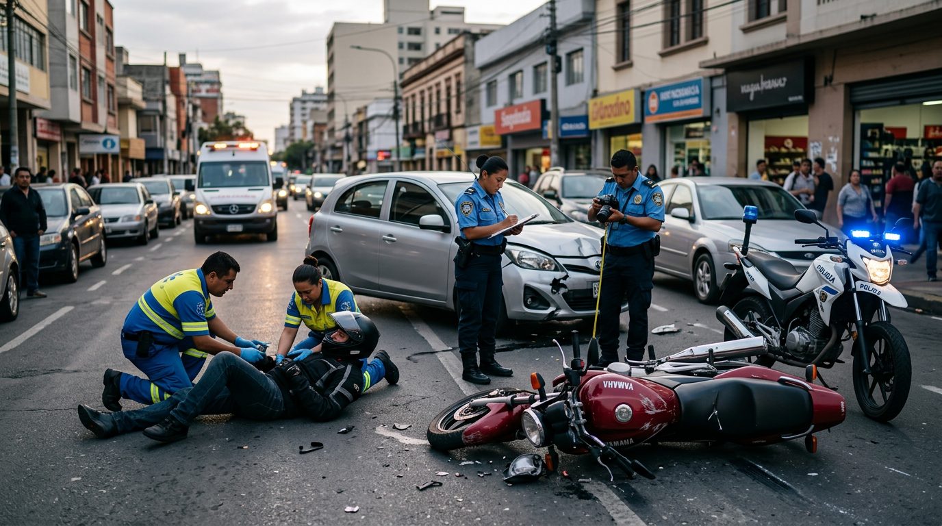 Escena de accidente de tráfico en calle urbana con vehículos dañados y personal de emergencia investigando.