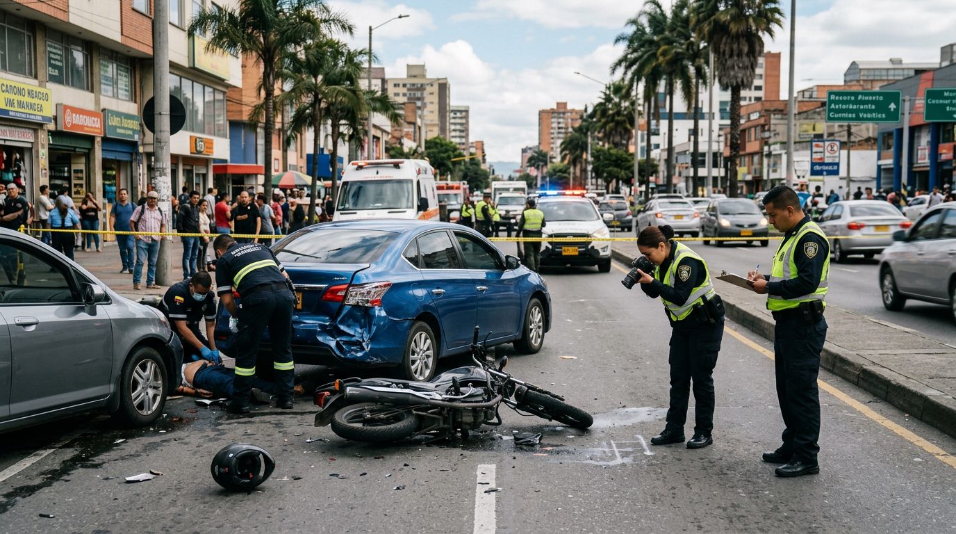 Escena de accidente de tráfico en calle urbana con vehículos dañados, ambulancias e investigadores documentando el incidente.