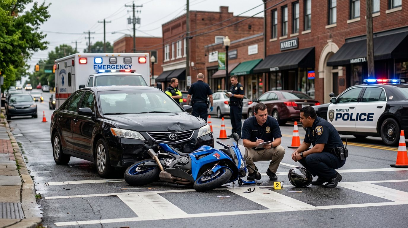 Escena de accidente de tráfico en calle urbana con vehículos dañados y personal de emergencia investigando.