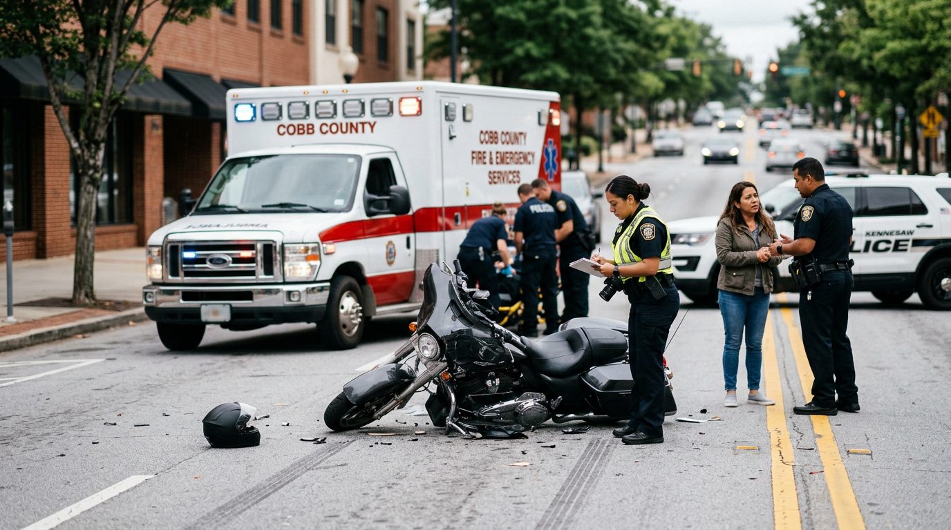 Escena de accidente de tráfico en calle urbana con vehículos dañados y personal de emergencia investigando.