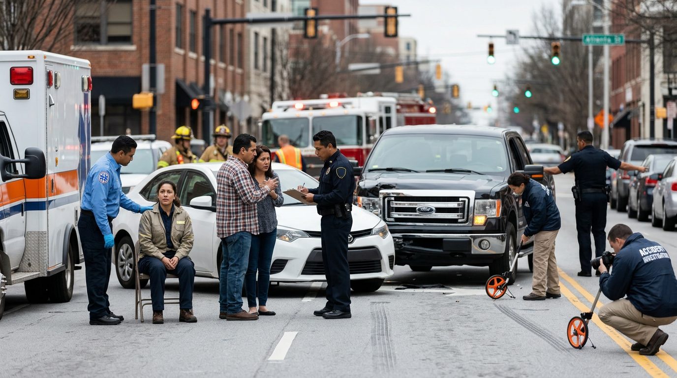 Escena de accidente de tráfico en calle urbana con vehículos dañados y investigadores documentando el incidente.