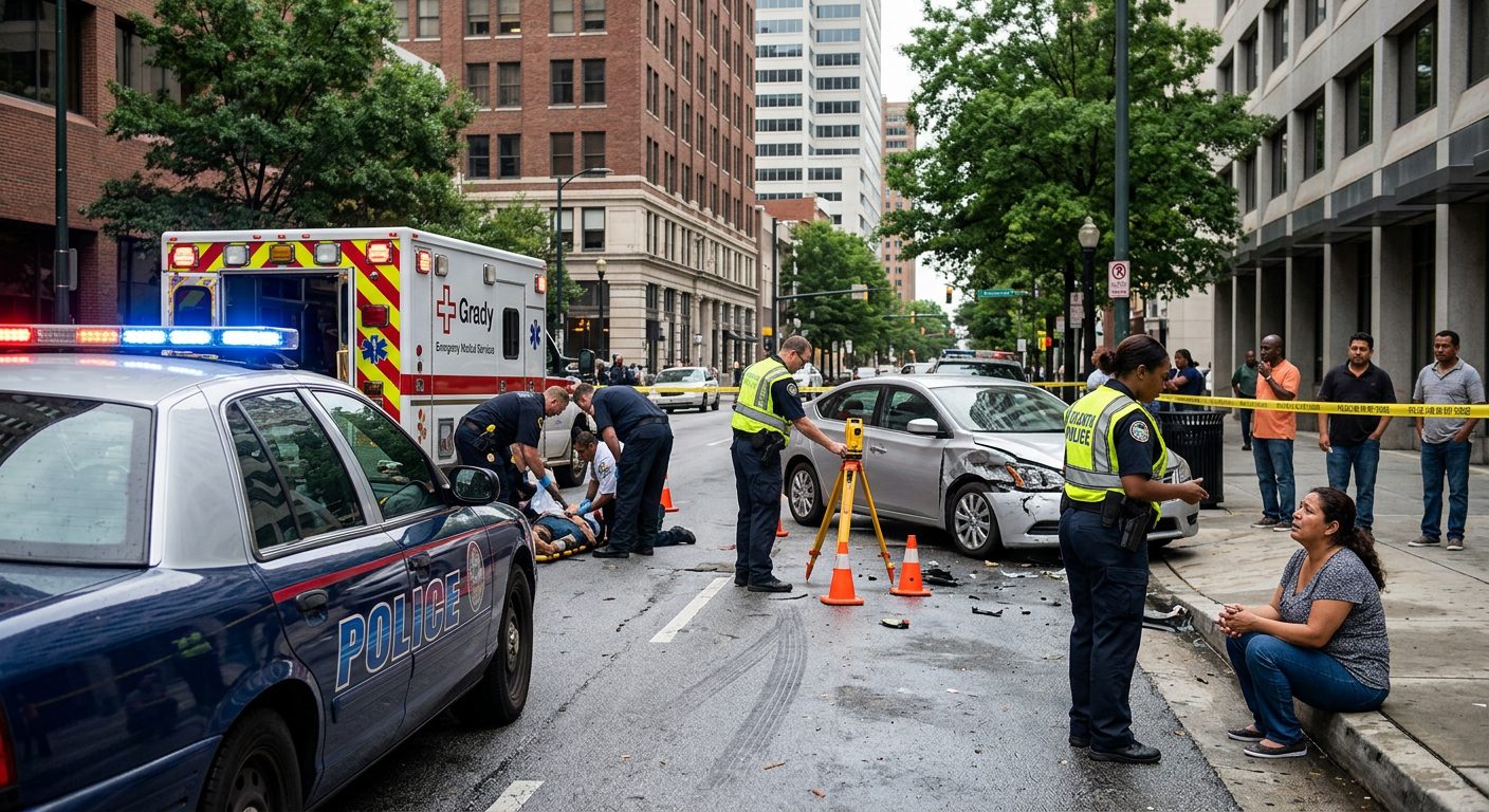 Escena de accidente de tránsito en calle urbana con vehículos dañados, ambulancias e investigadores.