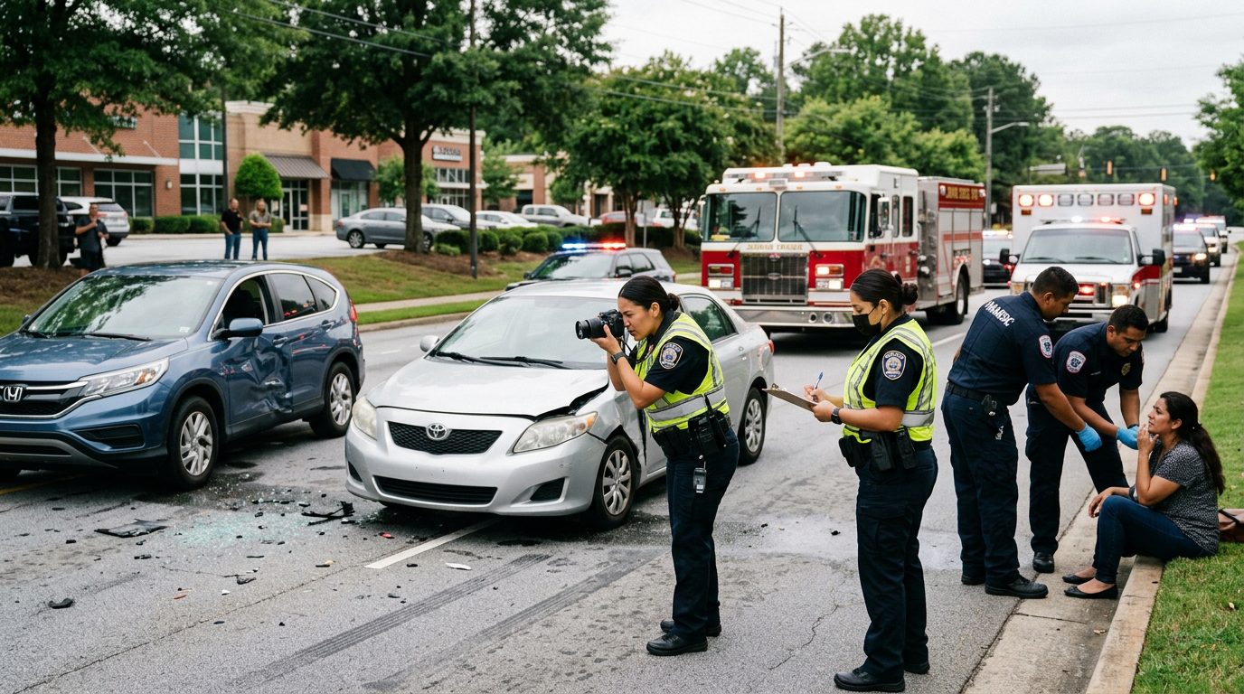 Escena de accidente vehicular con daños, vehículos de emergencia e investigadores en Johns Creek.