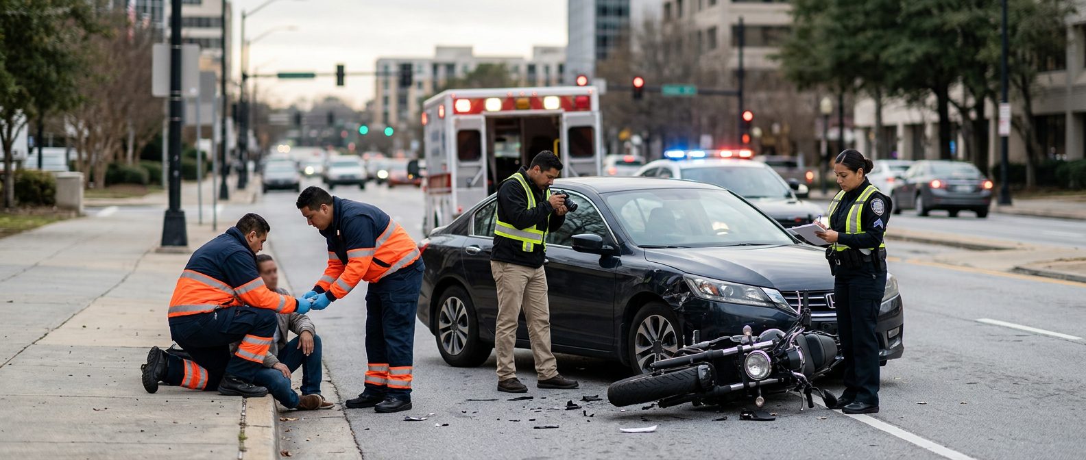 Escena de accidente vehicular en calle con daños, ambulancias e investigadores documentando el incidente.