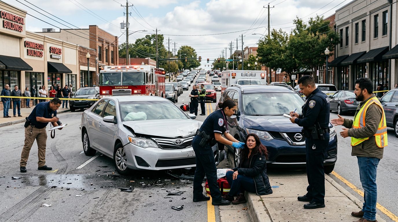 Escena de accidente vehicular en calle con daños, vehículos de emergencia e investigadores documentando el incidente.