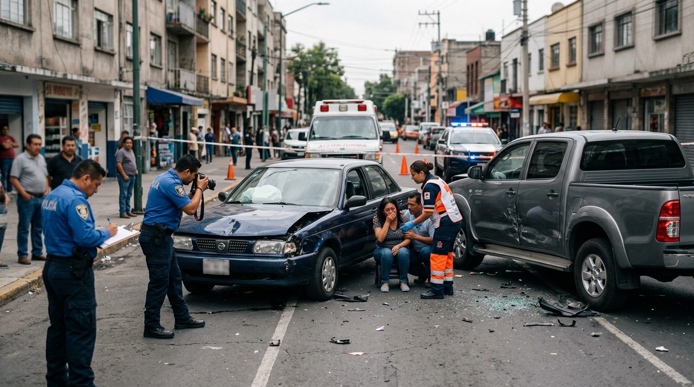 Escena de accidente vehicular en calle con vehículos dañados, ambulancias e investigadores documentando el incidente.