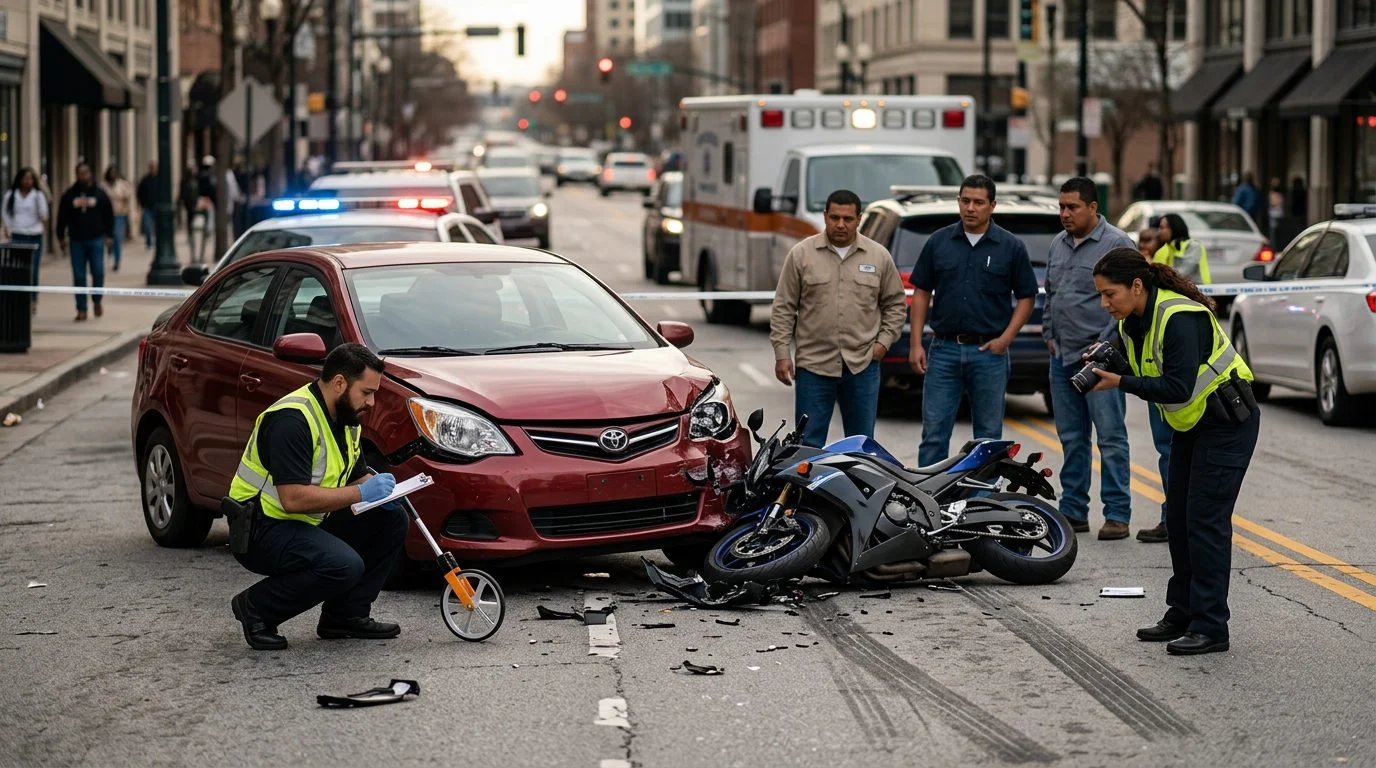 Escena de accidente vehicular en calle de ciudad con daños, vehículos de emergencia e investigadores documentando el incidente.