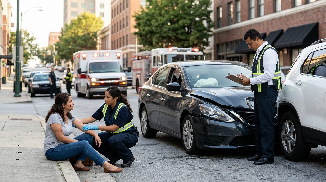 Escena de accidente vehicular en calle urbana con daños, vehículos de emergencia e investigadores.