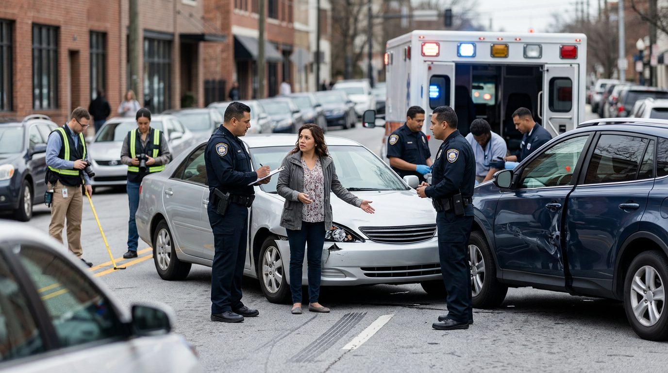 Escena de accidente vehicular en calle urbana con daños, vehículos de emergencia e investigadores.
