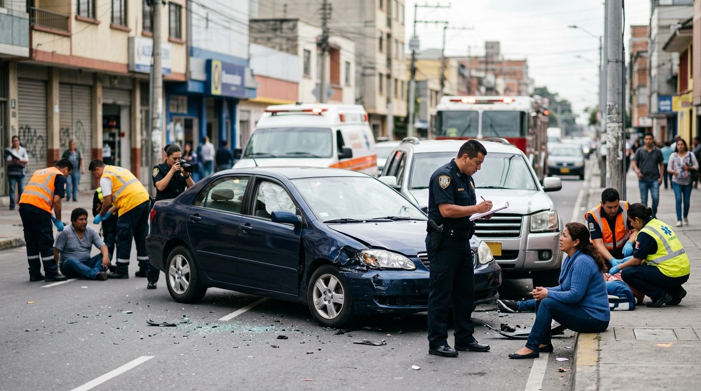 Escena de accidente vehicular en calle urbana con daños, vehículos de emergencia e investigadores.