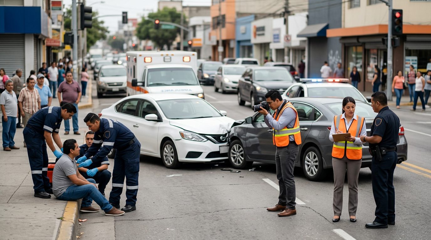 Escena de accidente vehicular en calle urbana con daños, vehículos de emergencia e investigadores documentando el incidente.