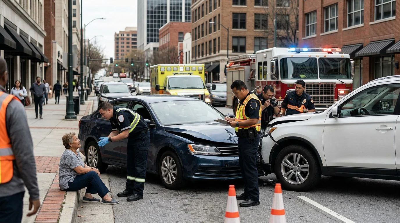Escena de accidente vehicular en calle urbana con daños, vehículos de emergencia e investigadores documentando el incidente.