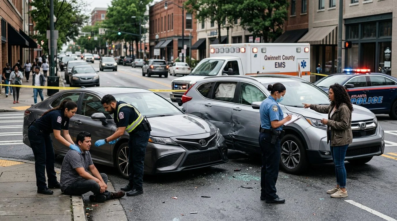 Escena de accidente vehicular en calle urbana con daños, vehículos de emergencia e investigadores.