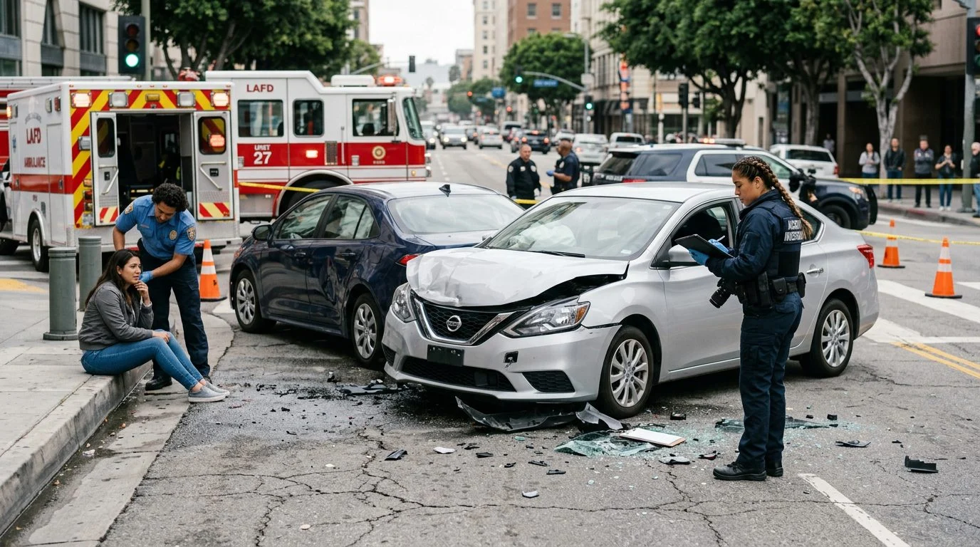 Escena de accidente vehicular en calle urbana con daños, vehículos de emergencia e investigadores.