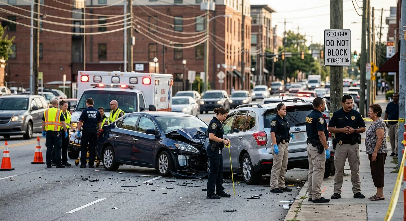 Escena de accidente vehicular en calle urbana con daños, vehículos de emergencia e investigadores documentando el incidente.