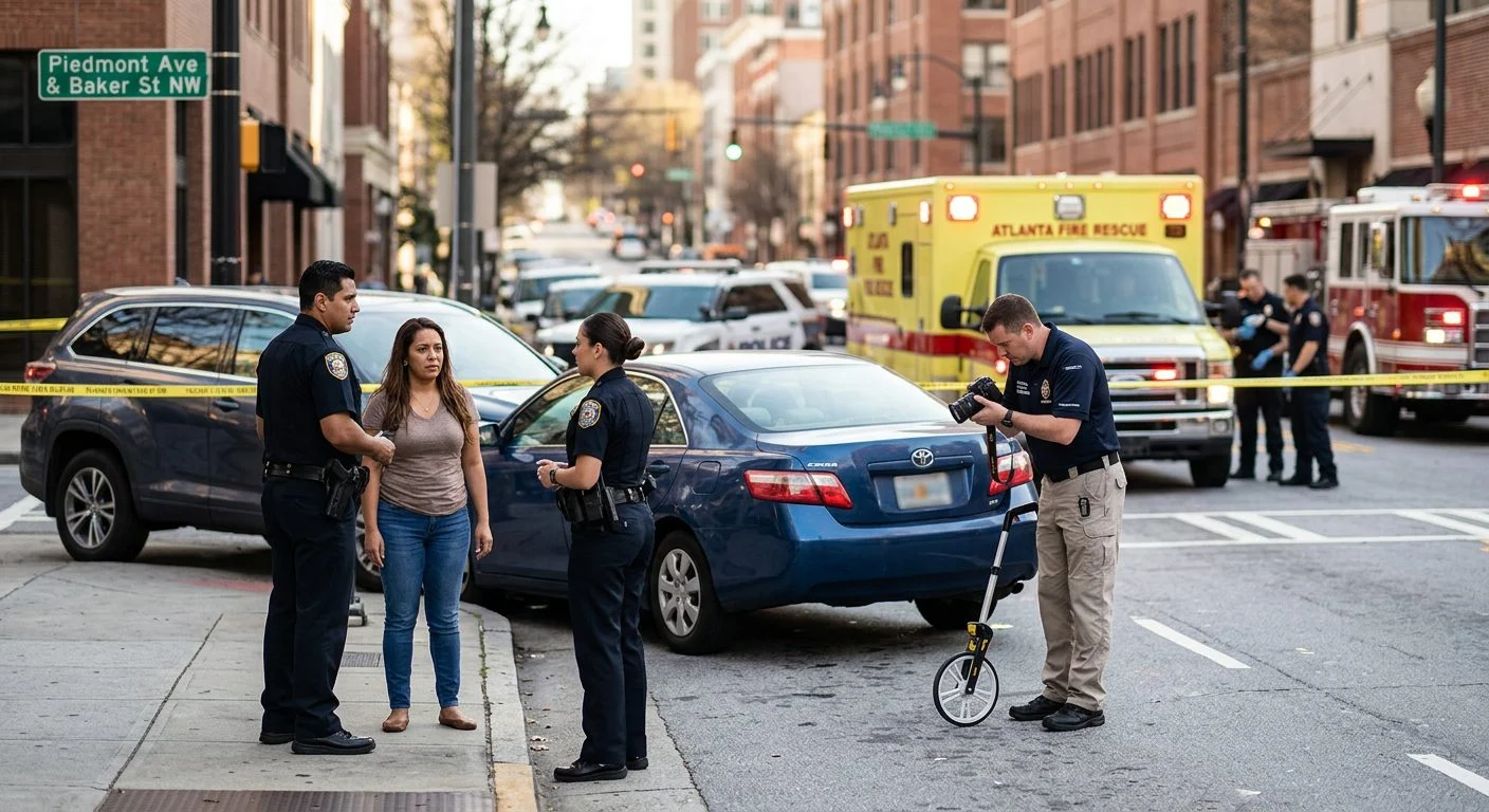 Escena de accidente vehicular en calle urbana con daños, vehículos de emergencia e investigadores.