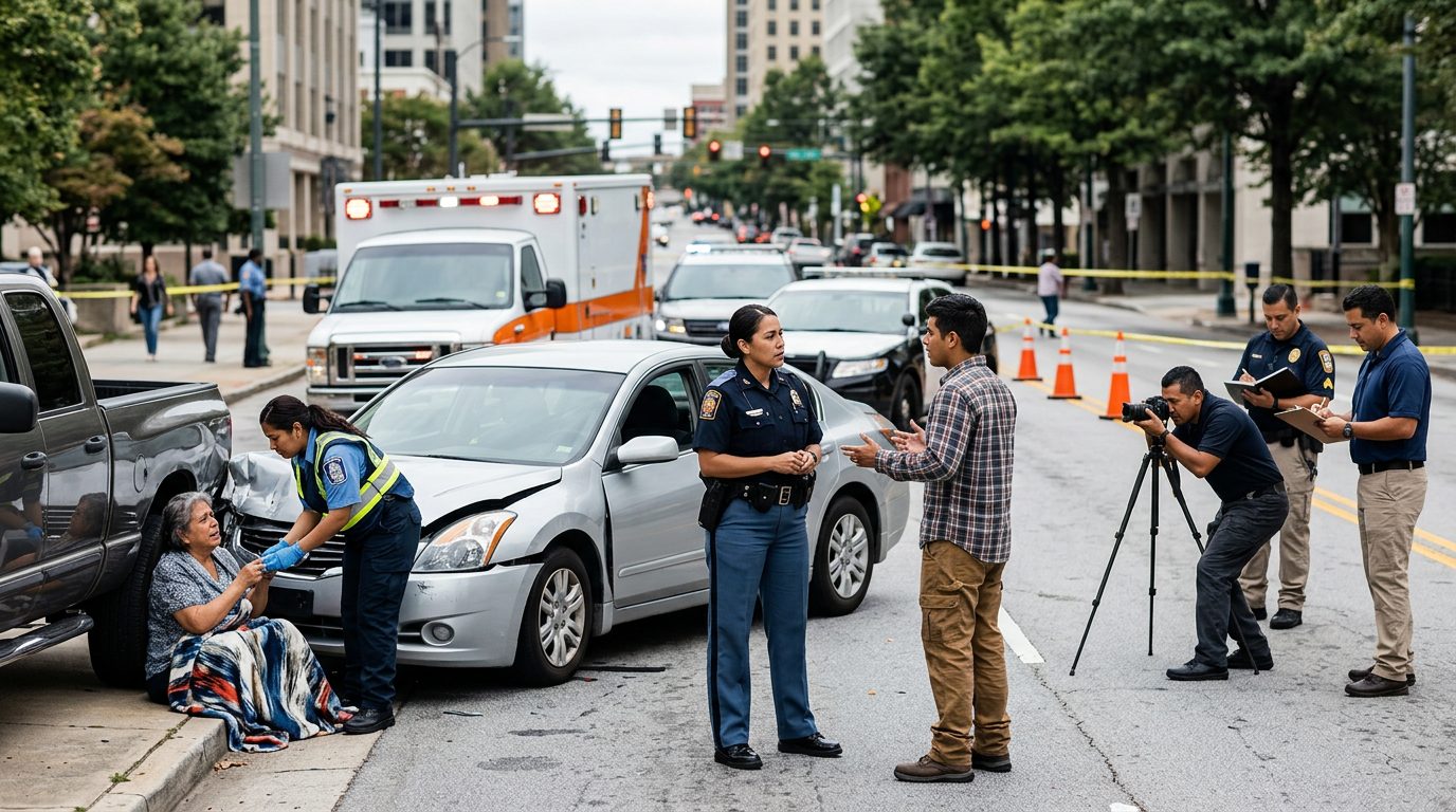 Escena de accidente vehicular en calle urbana con daños, vehículos de emergencia e investigadores documentando el incidente.