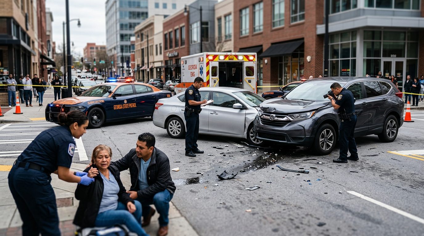 Escena de accidente vehicular en calle urbana con daños, vehículos de emergencia e investigadores documentando el incidente.