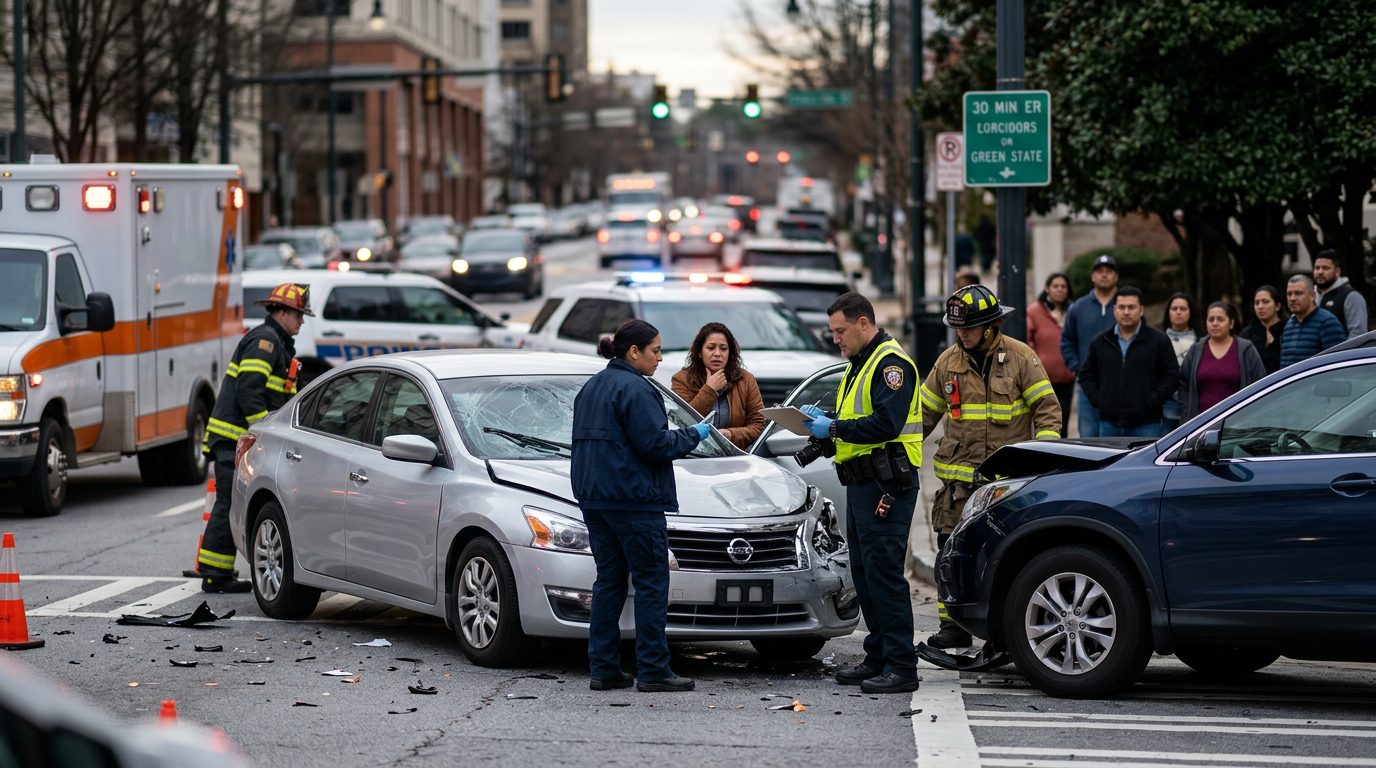 Escena de accidente vehicular en calle urbana con daños, vehículos de emergencia e investigadores.