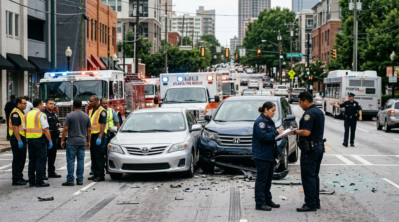 Escena de accidente vehicular en calle urbana con daños, vehículos de emergencia e investigadores.