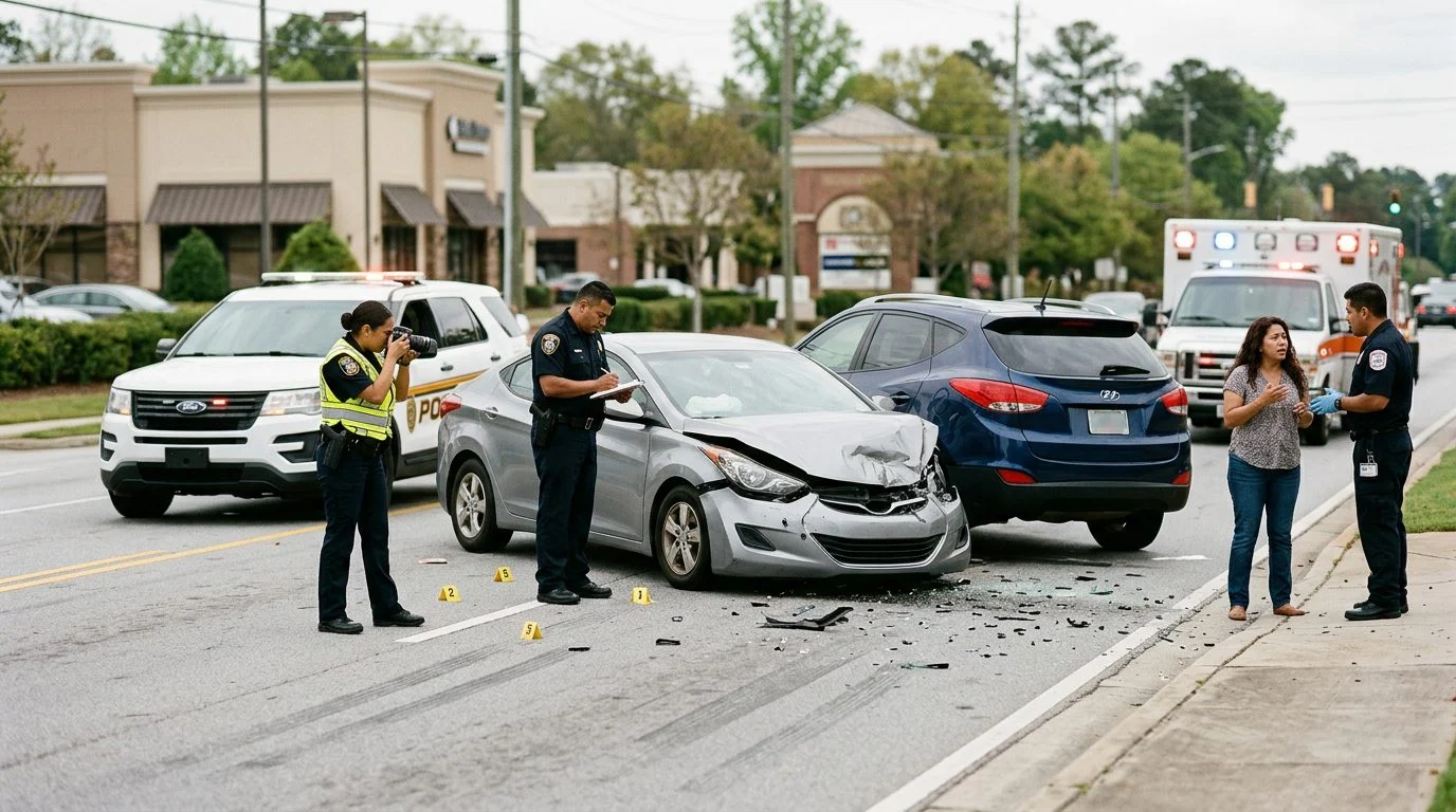 Escena de accidente vehicular en calle urbana con daños, vehículos de emergencia e investigadores documentando el incidente.