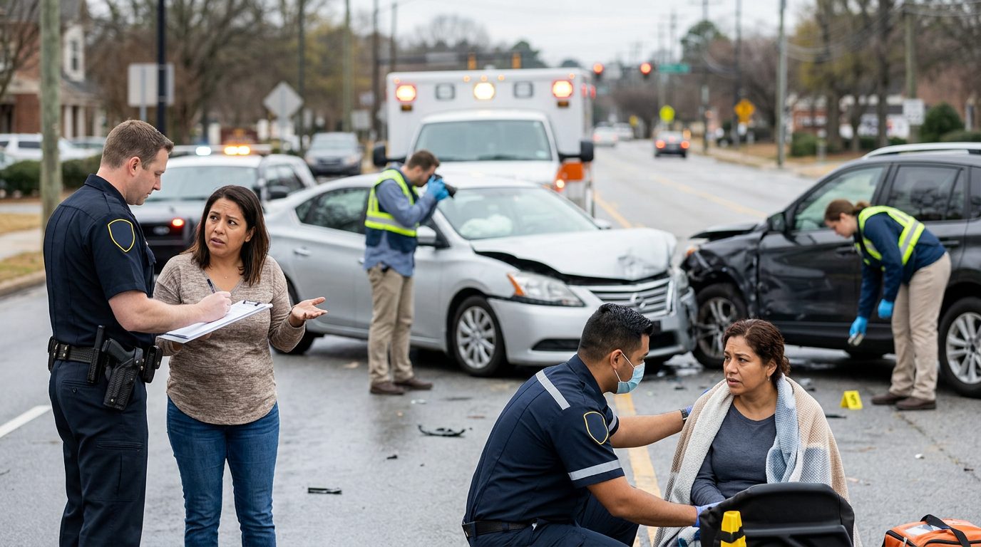 Escena de accidente vehicular en calle urbana con daños, vehículos de emergencia e investigadores.