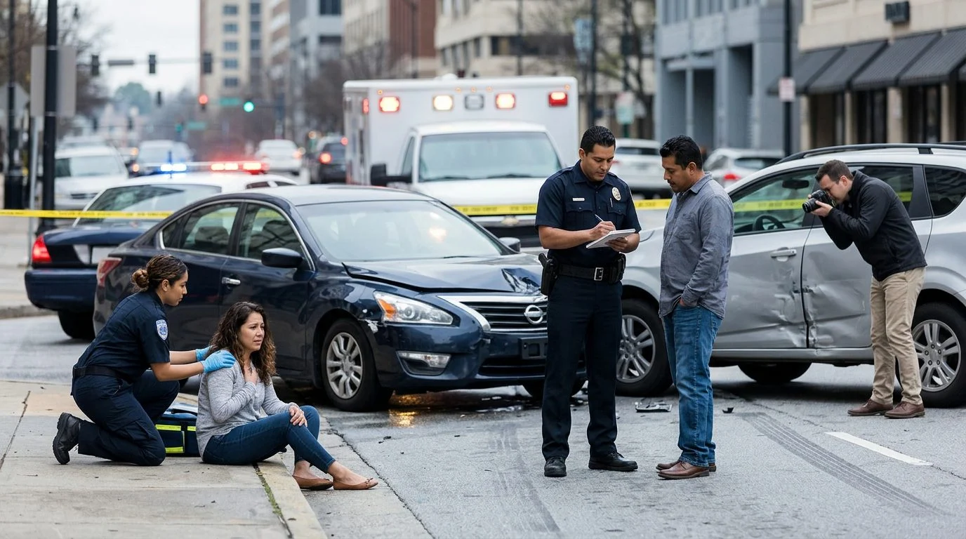 Escena de accidente vehicular en calle urbana con daños, vehículos de emergencia e investigadores.