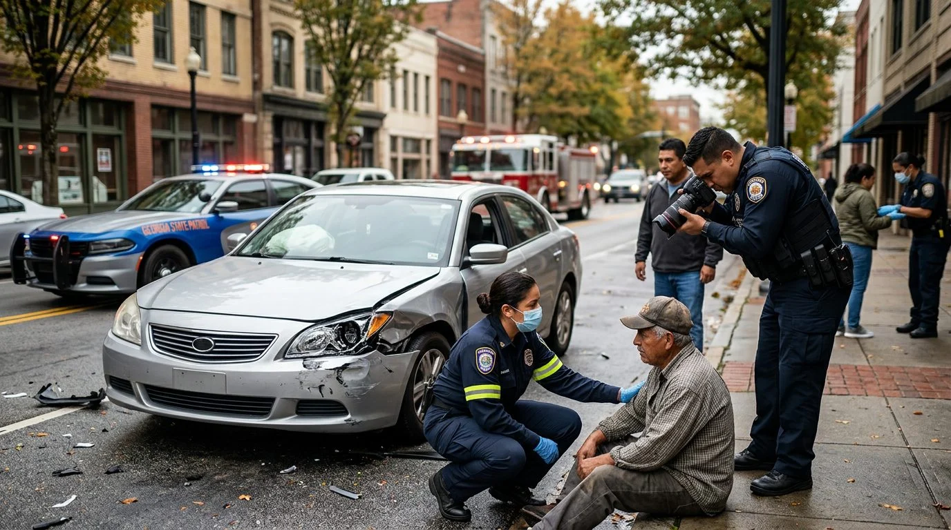 Escena de accidente vehicular en calle urbana con daños, vehículos de emergencia e investigadores.