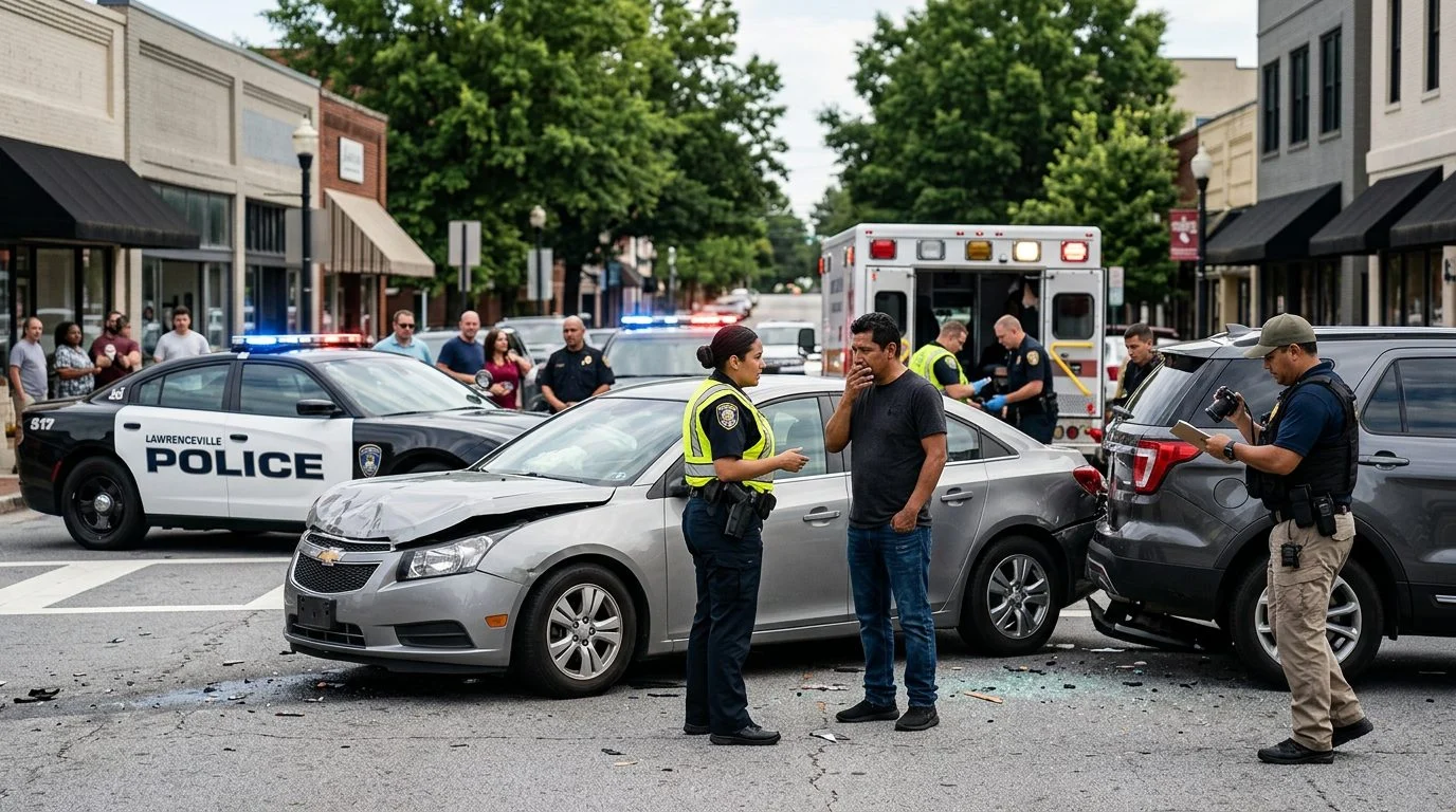 Escena de accidente vehicular en calle urbana con daños, vehículos de emergencia e investigadores documentando el incidente.