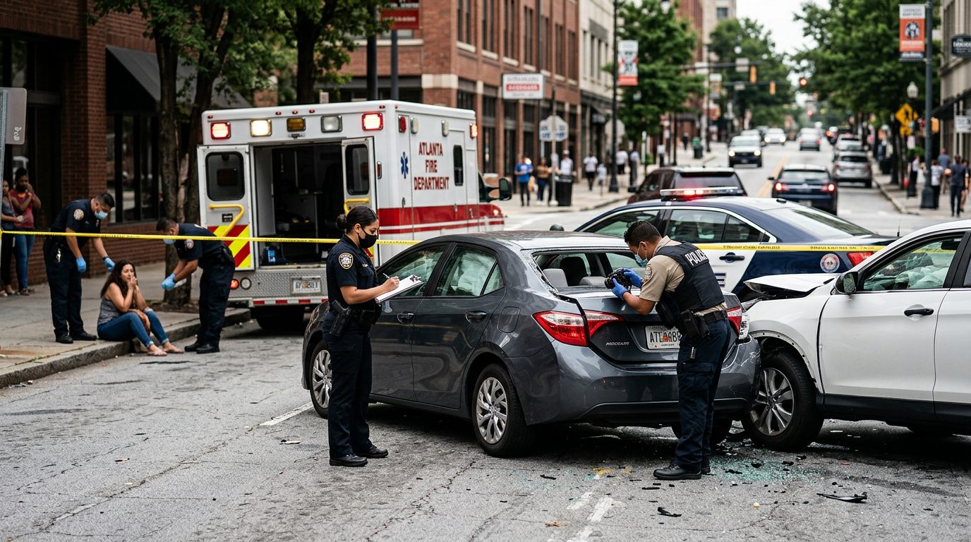 Escena de accidente vehicular en calle urbana con daños, vehículos de emergencia e investigadores.