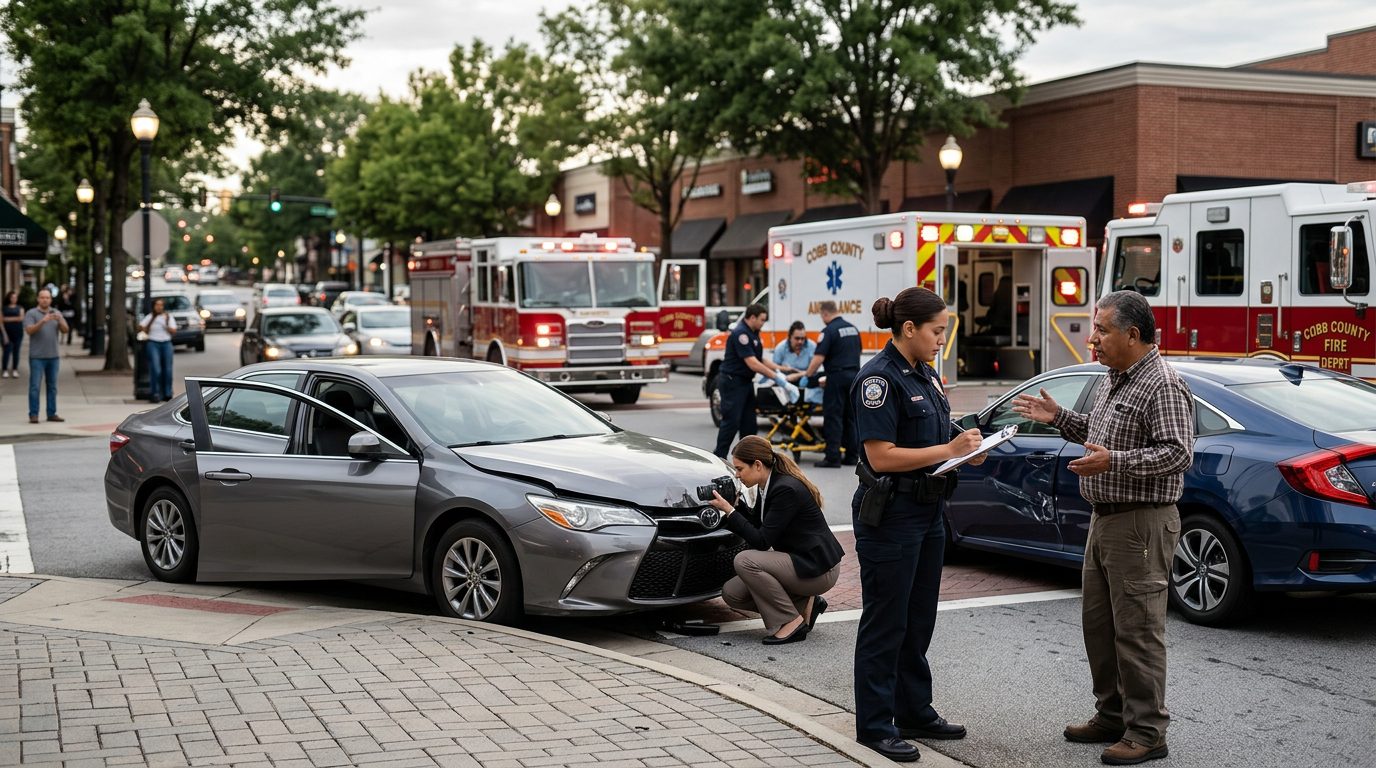 Escena de accidente vehicular en calle urbana con daños, vehículos de emergencia e investigadores.