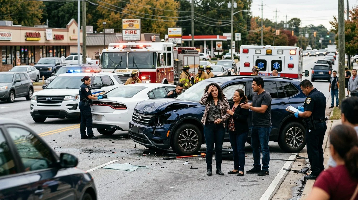 Escena de accidente vehicular en calle urbana con daños, vehículos de emergencia e investigadores documentando el incidente.