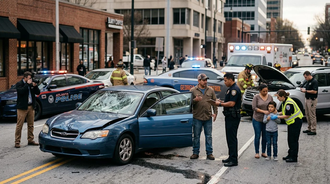 Escena de accidente vehicular en calle urbana con daños, vehículos de emergencia e investigadores.