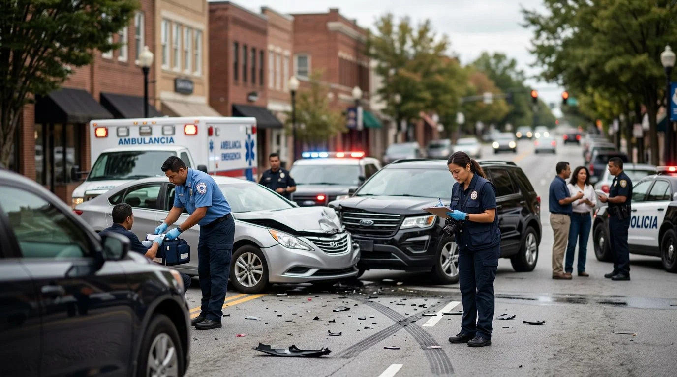 Escena de accidente vehicular en calle urbana con daños, vehículos de emergencia e investigadores documentando el incidente.