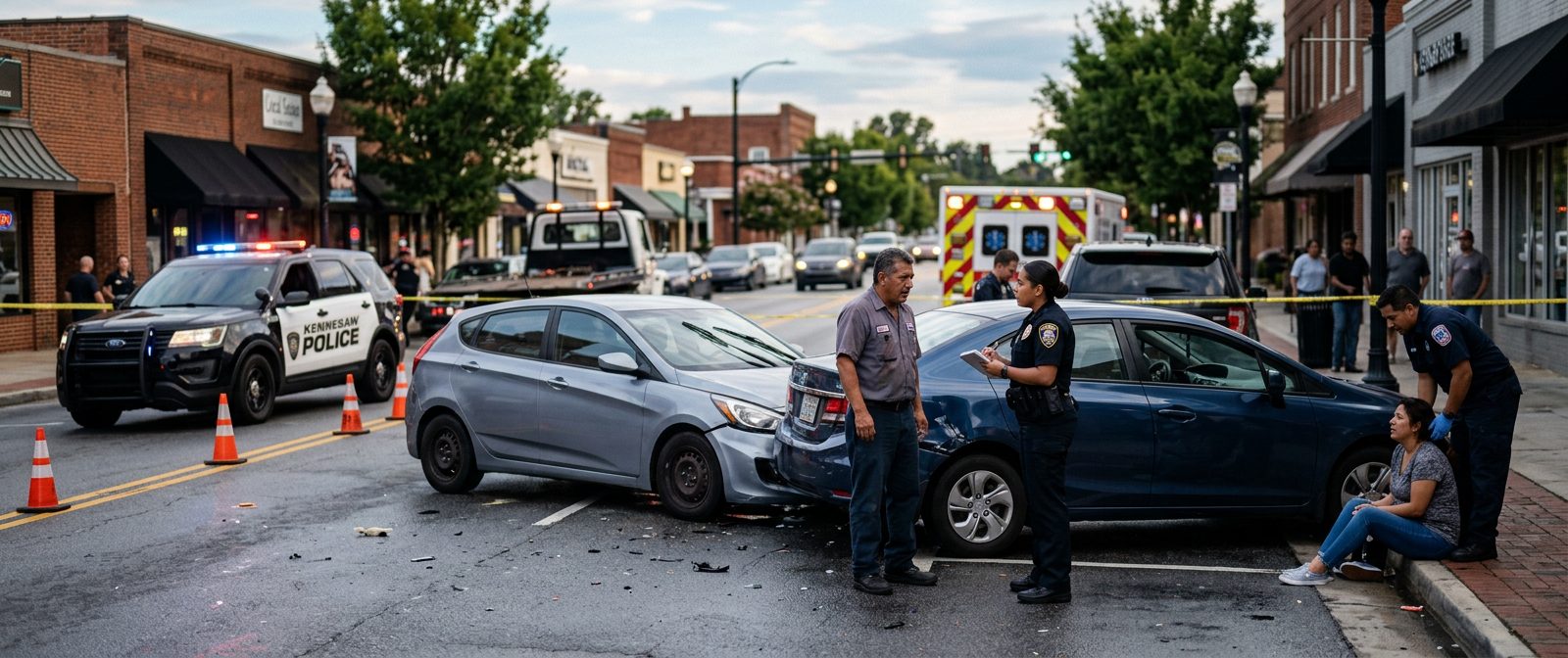 Escena de accidente vehicular en calle urbana con daños, vehículos de emergencia e investigadores documentando el incidente.
