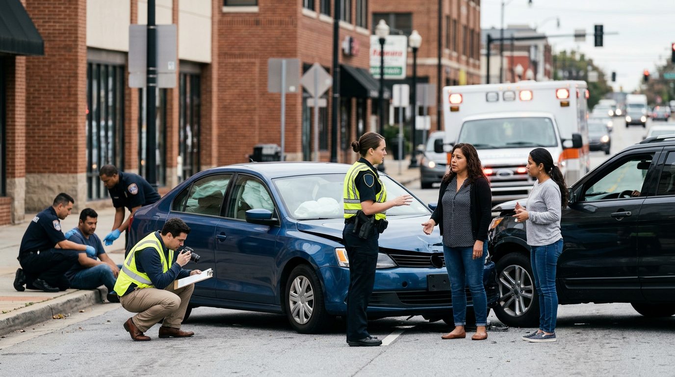 Escena de accidente vehicular en calle urbana con daños, vehículos de emergencia e investigadores documentando el incidente.