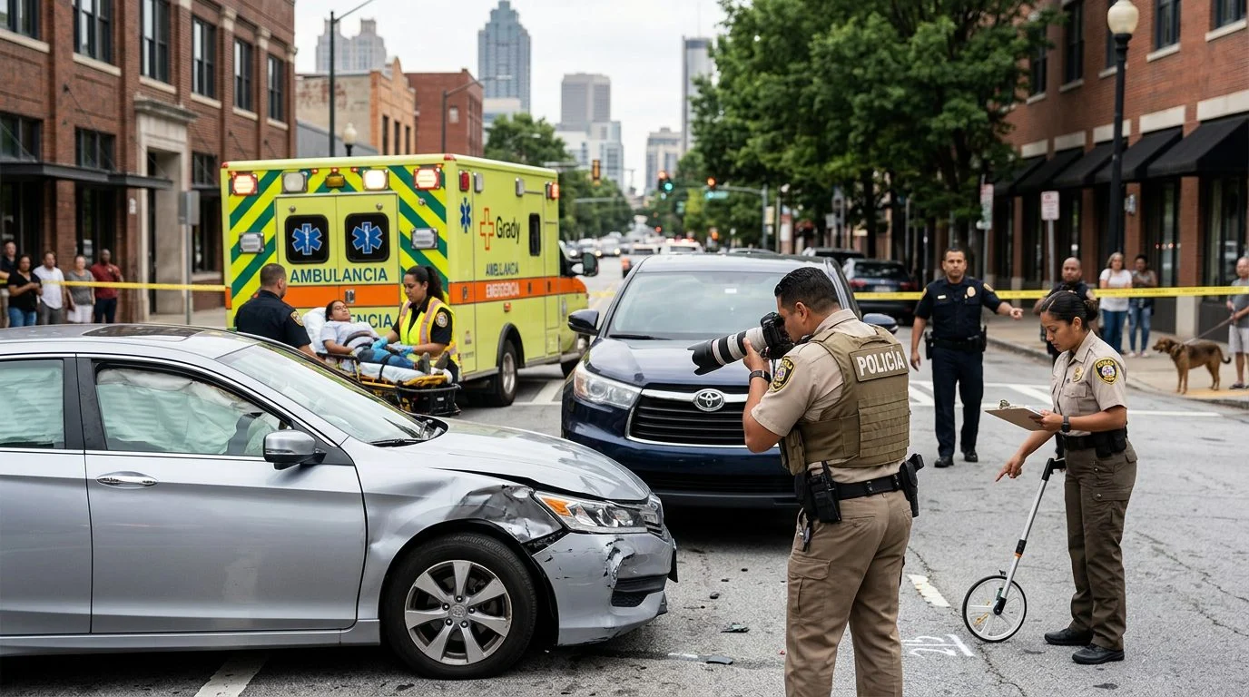 Escena de accidente vehicular en calle urbana con daños, vehículos de emergencia e investigadores.