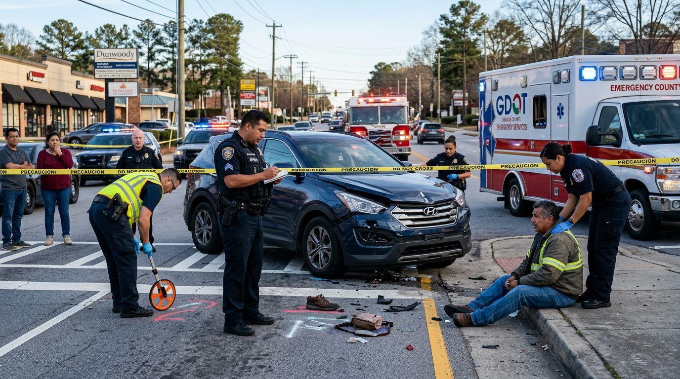Escena de accidente vehicular en calle urbana con daños, vehículos de emergencia e investigadores documentando el incidente.