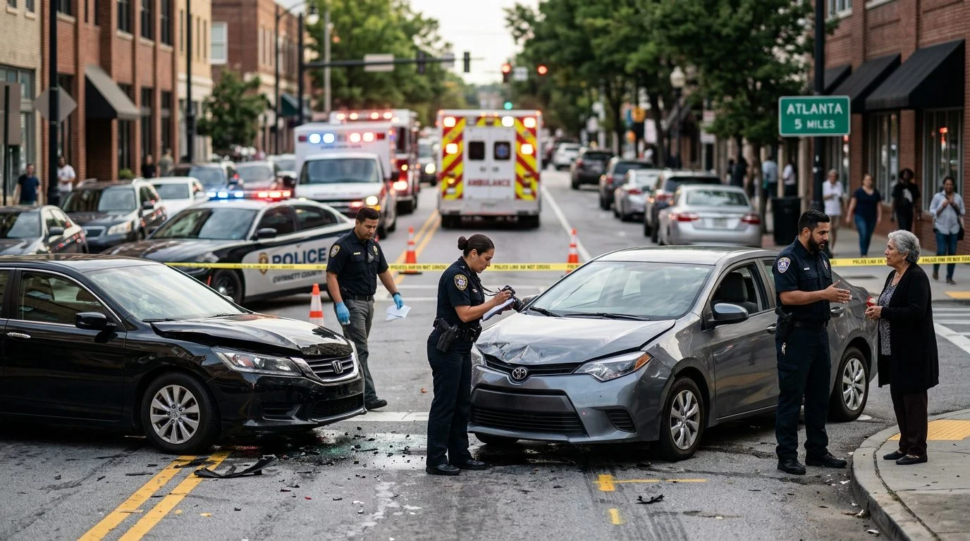 Escena de accidente vehicular en calle urbana con daños, vehículos de emergencia e investigadores documentando el incidente.