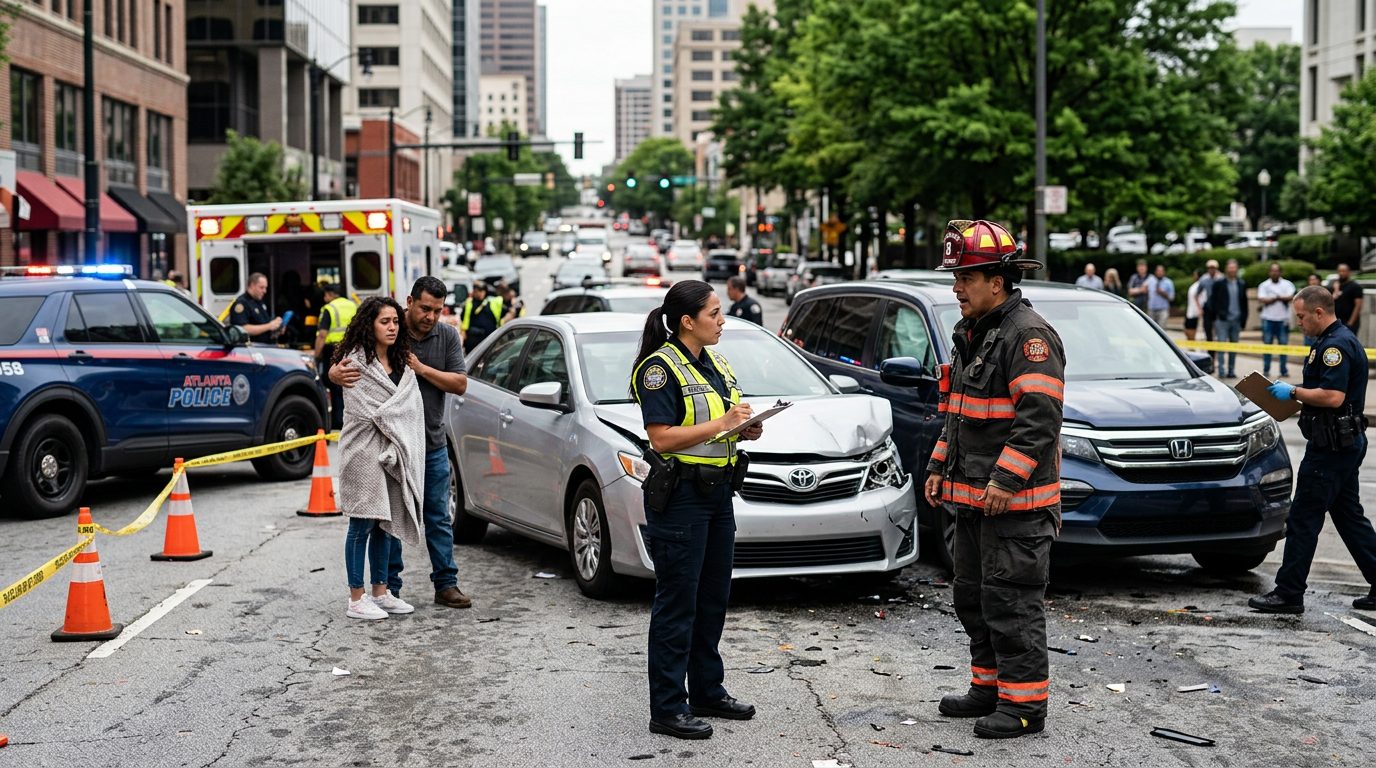 Escena de accidente vehicular en calle urbana con daños, vehículos de emergencia e investigadores documentando el incidente.