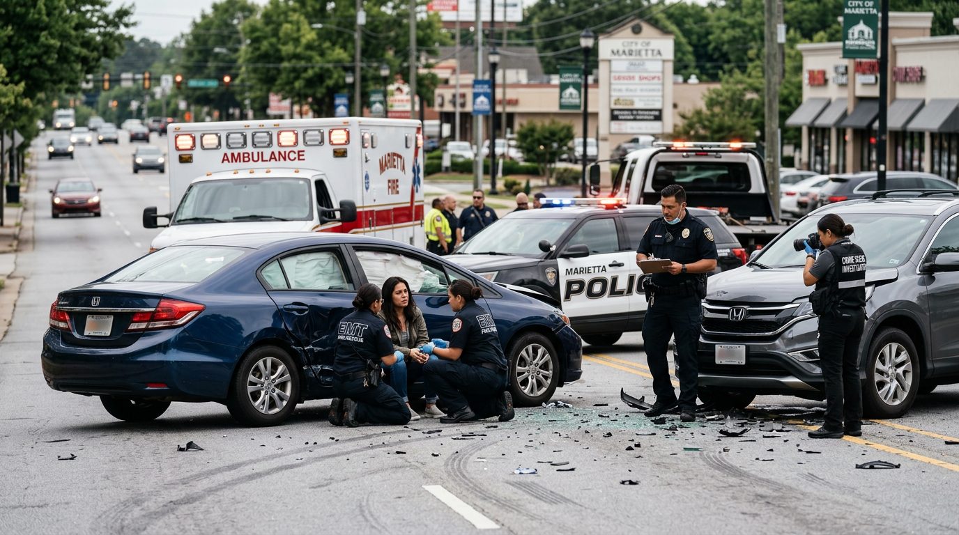 Escena de accidente vehicular en calle urbana con daños, vehículos de emergencia e investigadores.