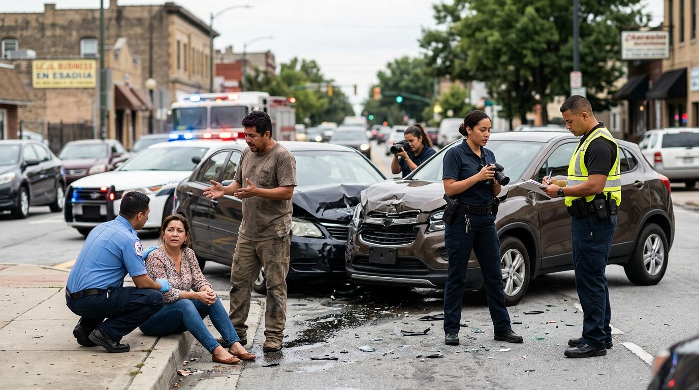 Escena de accidente vehicular en calle urbana con daños, vehículos de emergencia e investigadores documentando el incidente.