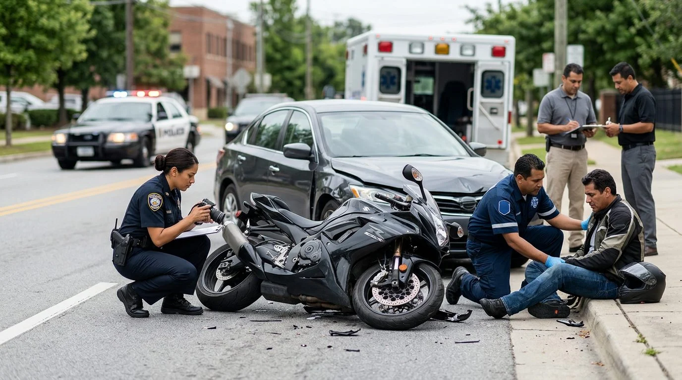 Escena de accidente vehicular en calle urbana con daños, vehículos de emergencia e investigadores.