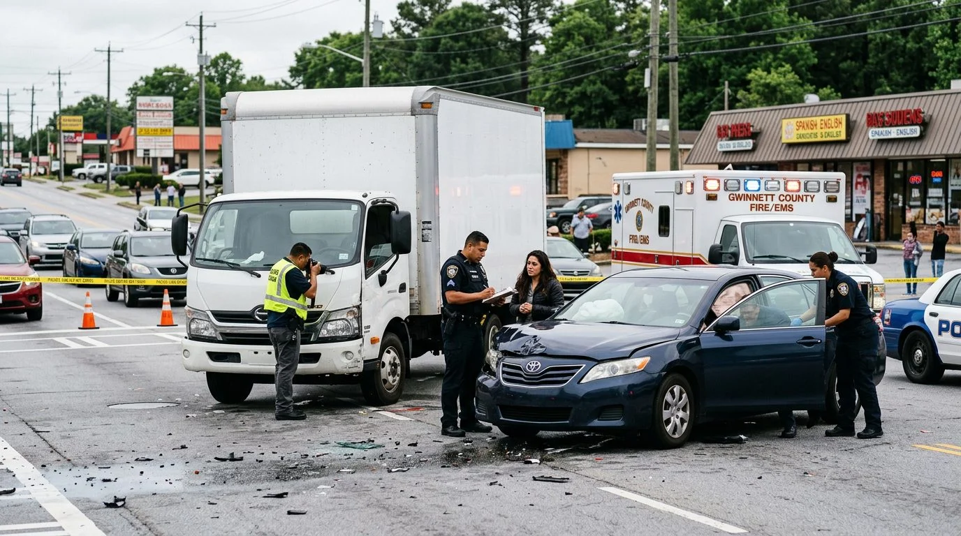 Escena de accidente vehicular en calle urbana con daños, vehículos de emergencia e investigadores documentando el incidente.