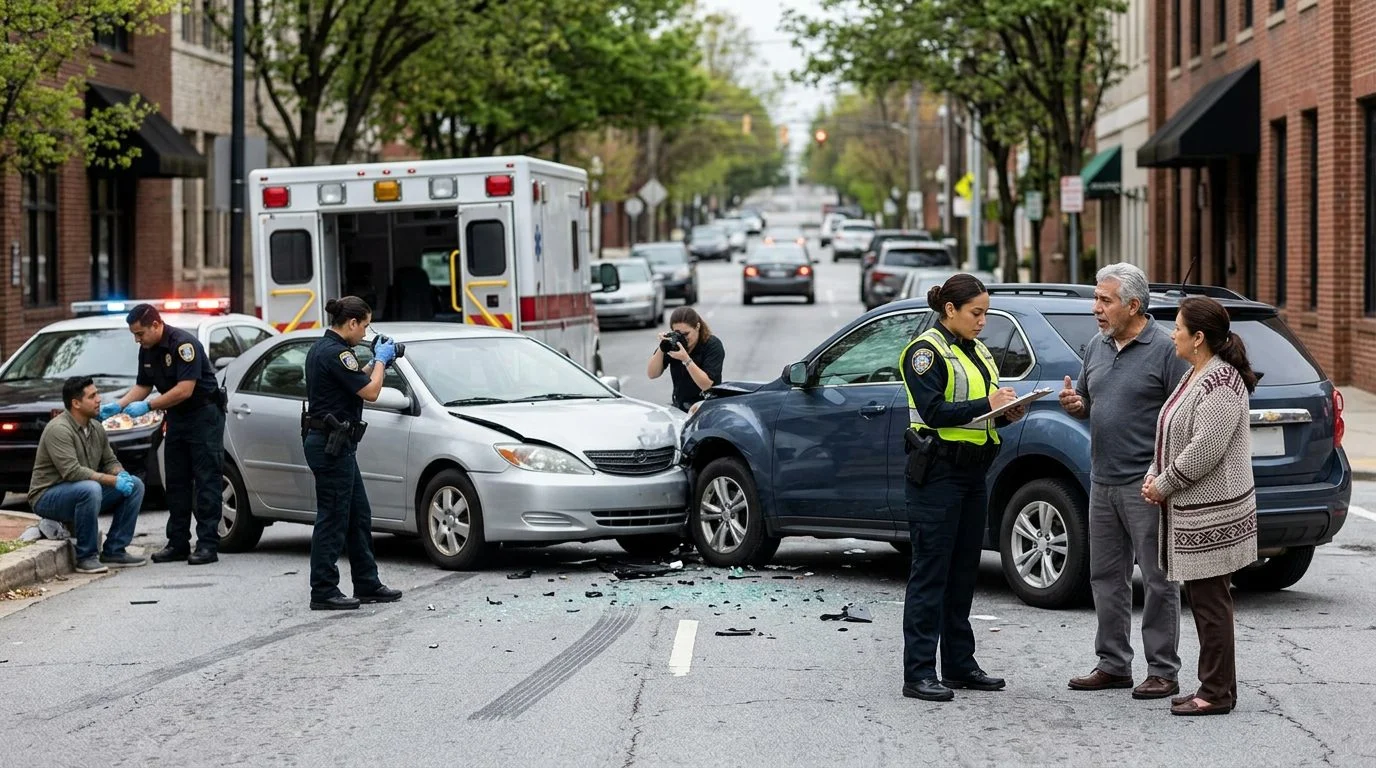 Escena de accidente vehicular en calle urbana con daños, vehículos de emergencia e investigadores.