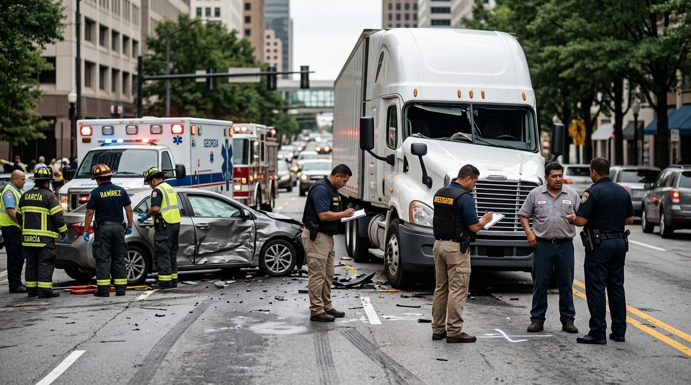 Escena de accidente vehicular en calle urbana con daños, vehículos de emergencia e investigadores documentando el incidente.