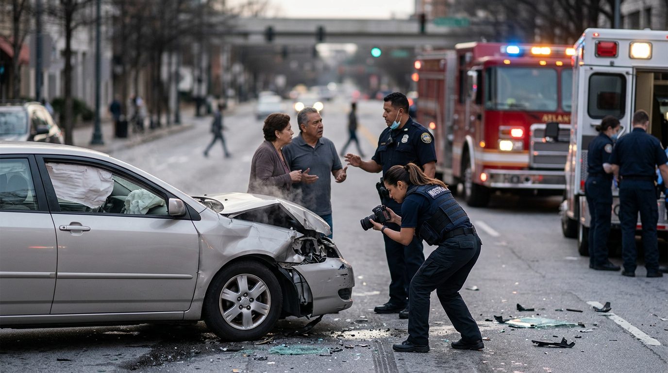 Escena de accidente vehicular en calle urbana con daños, vehículos de emergencia e investigadores documentando el incidente.