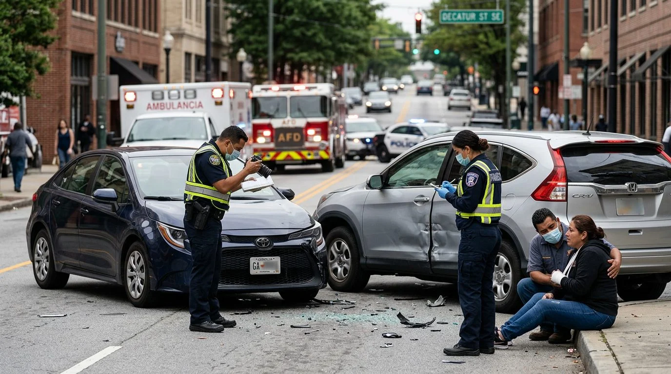 Escena de accidente vehicular en calle urbana con daños, vehículos de emergencia e investigadores documentando el incidente.